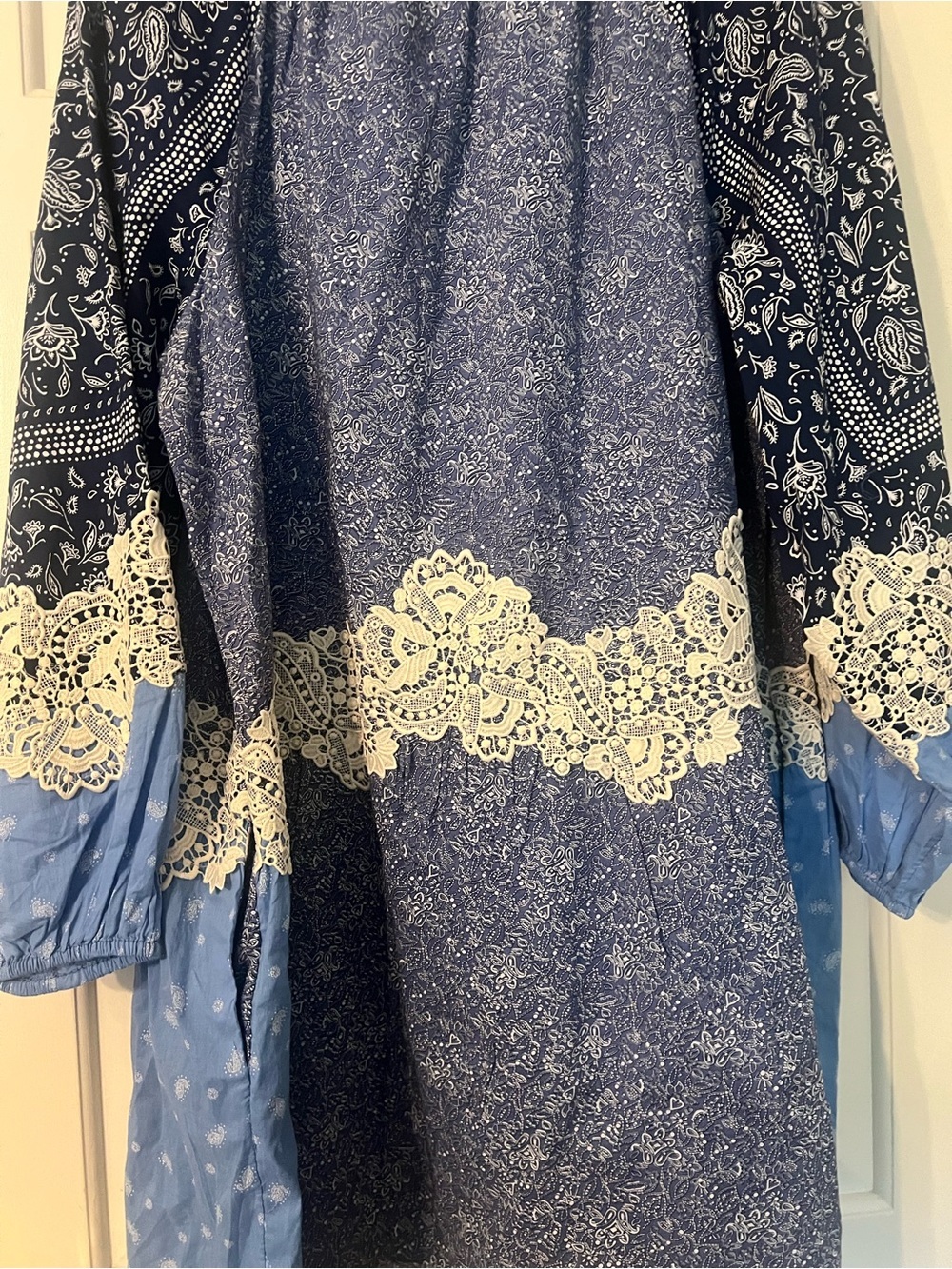 Loft Blue Boho Lace Trim Peasant mini Dress cottage poplin balloon sleeve L cos - Picture 11 of 13
